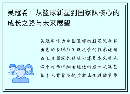 吴冠希：从篮球新星到国家队核心的成长之路与未来展望